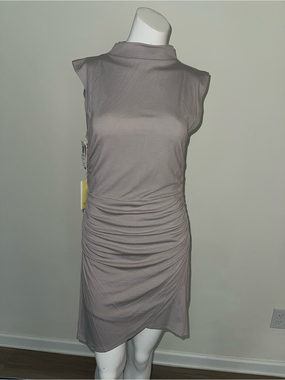 NWT Wilfred Sleeveless Mock-Neck Ruched Mini Dress in Taupe